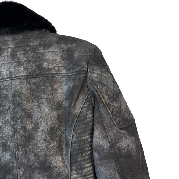 New Guess Metallic Faux Leather Fur Quilted Moto Biker Full Zip Jacket Sz Large - Picture 10 of 11